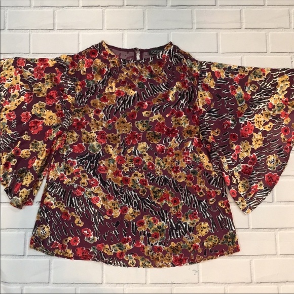 Topshop Semi Sheer Velvet Floral Bell Sleeve Top - Picture 7 of 8